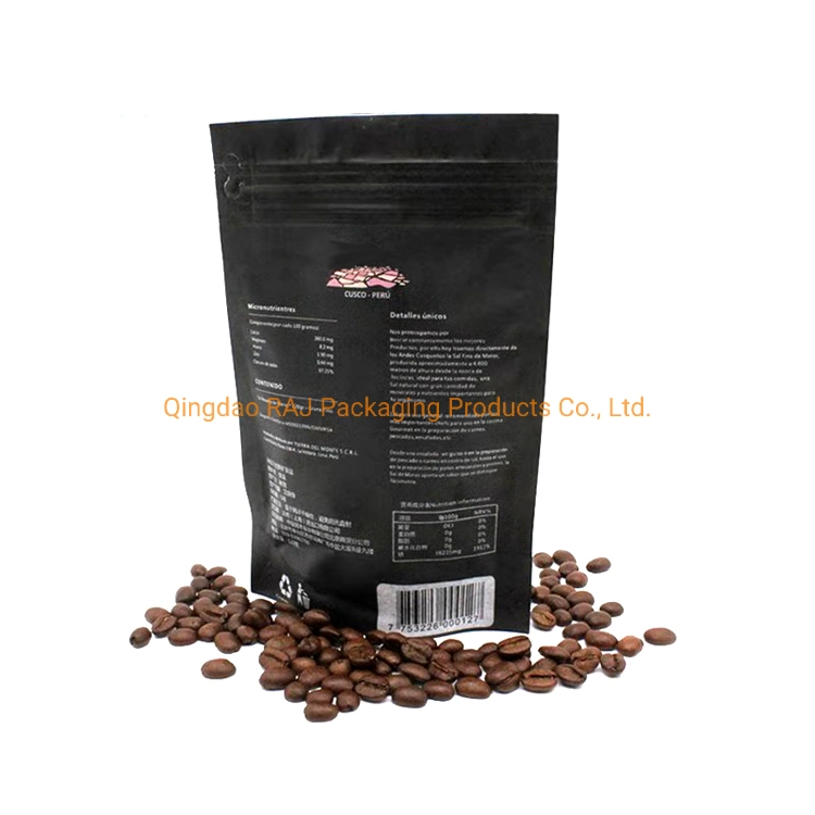 Resealable Black Printed Standup Foil Flat Bottom Coffee Ziplock Bag Packaging Pouch