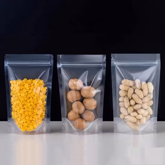 Sac en plastique transparent en gros à fond plat transparent avec fermeture éclair refermable pour thé/noix/riz