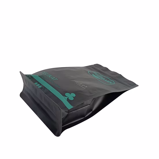 Pochette debout zippée à gousset latéral noir imprimé personnalisé avec sac d'emballage de café à fond plat à fermeture à glissière à valve