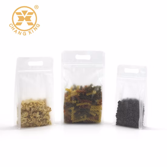 Pochette alimentaire transparente à soufflets à fond plat transparent à huit côtés avec fermeture à glissière