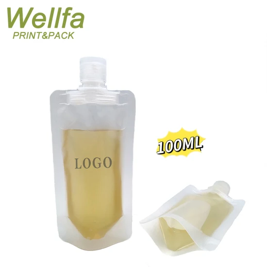 Logo personnalisé imprimé 100 ml Transparent Lotion shampooing liquide voyage échantillon en plastique à clapet emballage sac recharge bec poche