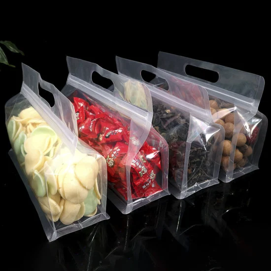 Pochettes de sacs d'emballage alimentaire refermables à fermeture éclair en plastique avec poignée en plastique à fond plat Transparent transparent