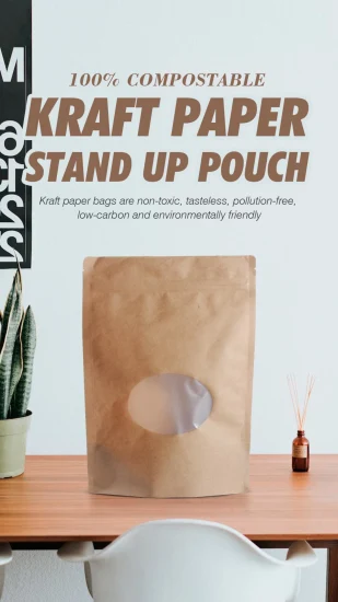 Compostable personnalisé Zipper Food Snack Nut Stand up Pouches Emballage Zip Lock Café Thé Kraft Papier Doypack Biodegradabale Sacs avec fenêtre