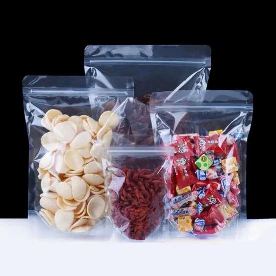 Pochettes de sacs d'emballage de biscuits alimentaires refermables en plastique transparent à fond plat transparent