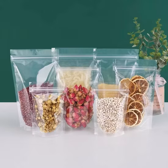 Pochettes de sacs d'emballage de biscuits alimentaires refermables en plastique transparent à fond plat transparent